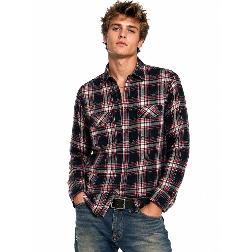 Beams Heart Mens Plaid Western Flannel Shirt Red Black White Cotton | Size M